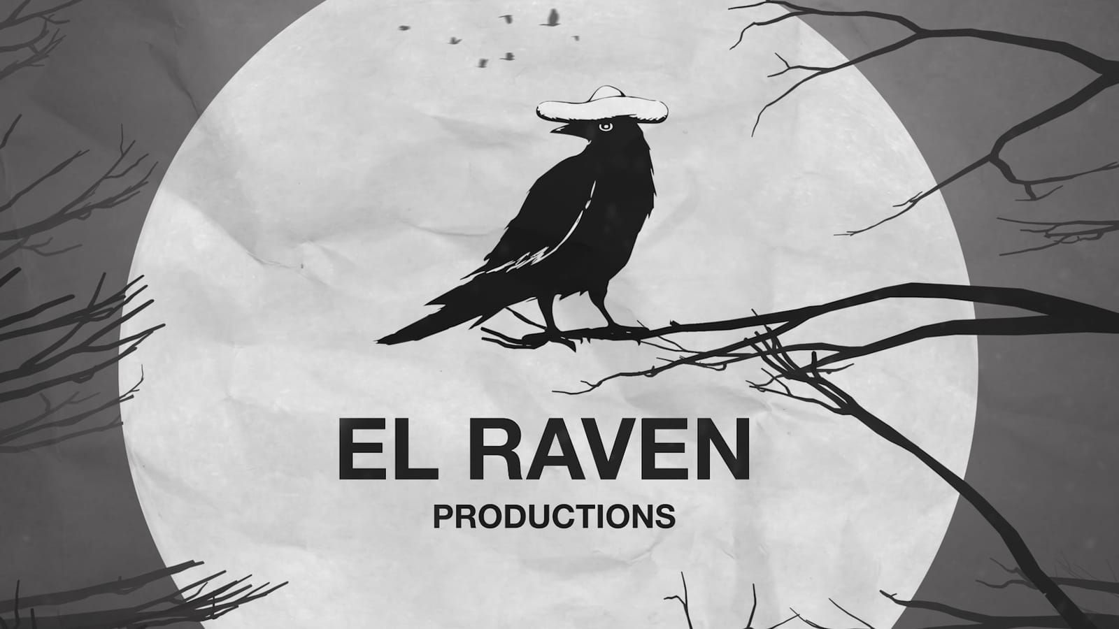 El Raven Productions logo: a raven in a hat perched on a branch before a full moon